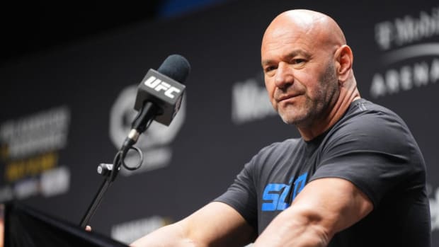 UFC boss Dana White listens to a question asked by a reporter during a UFC press conference.