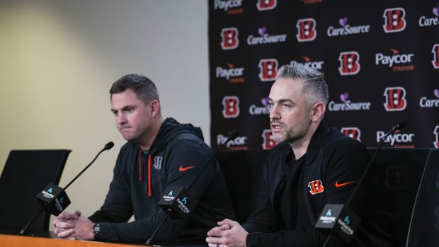 Bengals new Offensive Coordinator Dan Pitcher (right) joins Head Coach Zac Taylor for a press conference at Paycor Stadium on Thursday January 24, 2024.  