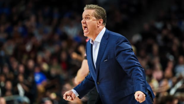 Jan 23, 2024; Columbia, South Carolina, USA; Kentucky Wildcats head coach John Calipari disputes a call against the South Carolina Gamecocks in the second half at Colonial Life Arena. Mandatory Credit: Jeff Blake-USA TODAY Sports