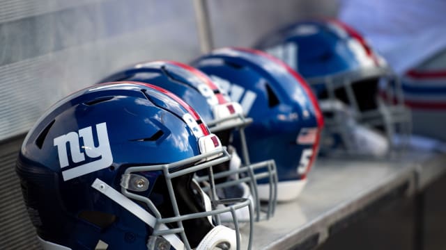 Sep 22, 2019; Tampa, FL, USA; General view of New York Giants helmets on the bench prior to the game against the Tampa Bay Buccaneers at Raymond James Stadium.