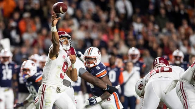 Alabama Crimson Tide quarterback Bryce Young (9) throws the ball during the Iron Bowl at Jordan-Hare Stadium in Auburn, Ala., on Saturday, Nov. 27, 2021. Alabama Crimson Tide defeated Auburn Tigers