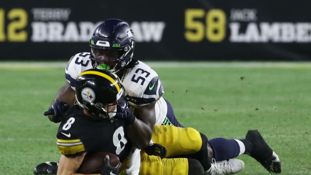 Seattle Seahawks linebacker Boye Mafe (53) sacks Pittsburgh Steelers quarterback Kenny Pickett (8) during the fourth quarter at Acrisure Stadium.