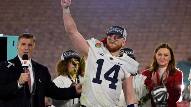 Penn State quarterback Sean Clifford celebrates the Nittany Lions' victory over Utah at the Rose Bowl.