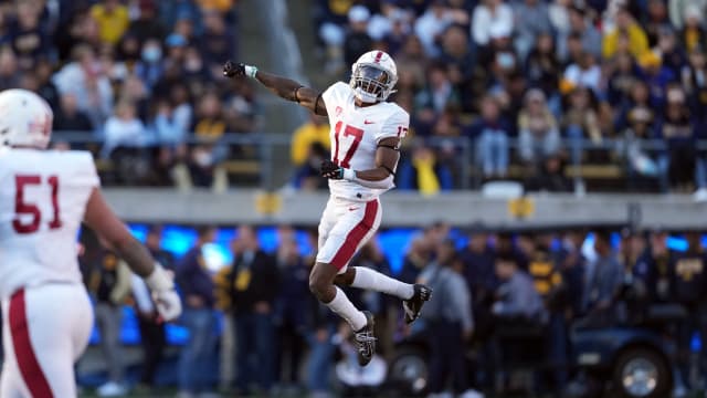 Nov 19, 2022; Berkeley, California, USA; Stanford Cardinal cornerback Kyu Blu Kelly (17) celebrates after a California Golden Bears incomplete pass on fourth down during the second quarter at FTX Field at California Memorial Stadium. Mandatory Credit: Darren Yamashita-USA TODAY Sports