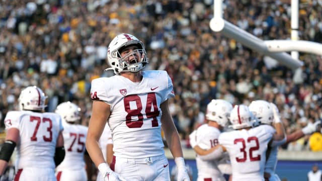 Nov 19, 2022; Berkeley, California, USA; Stanford Cardinal tight end Benjamin Yurosek (84) celebrates after a touchdown by Stanford Cardinal wide receiver Elijah Higgins (not shown) during the third quarter against the California Golden Bears at FTX Field at California Memorial Stadium. Mandatory Credit: Darren Yamashita-USA TODAY Sports