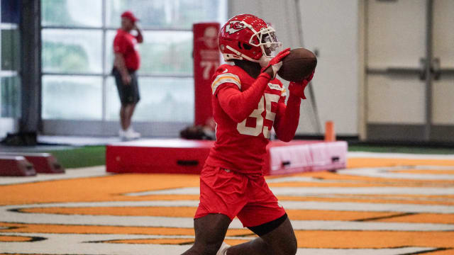 Jul 24, 2023; St. Joseph, MO, USA; Kansas City Chiefs wide receiver John Ross (85) catches a pass in the indoor practice facility during training camp at Missouri Western State University. Mandatory Credit: Denny Medley-USA TODAY Sports