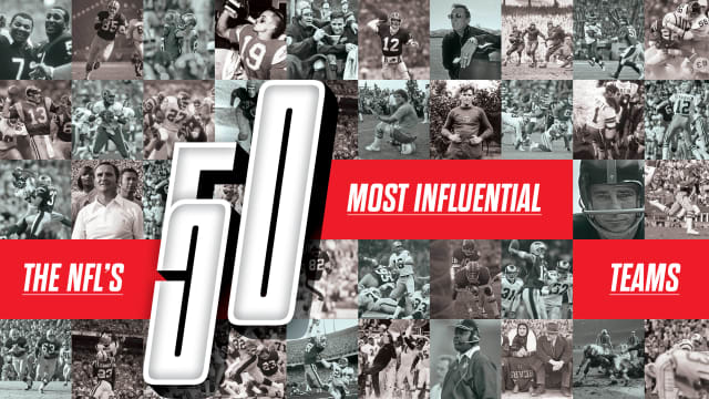 The NFL’s 50 Most Influential Teams text overlayed a collage of black and white football photos