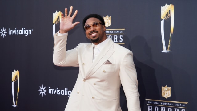 Feb 8, 2024; Las Vegas, NV, USA; Cleveland Browns defensive end Myles Garrett on the red carpet before the NFL Honors show at Resorts World Theatre. Mandatory Credit: Kirby Lee-USA TODAY Sports