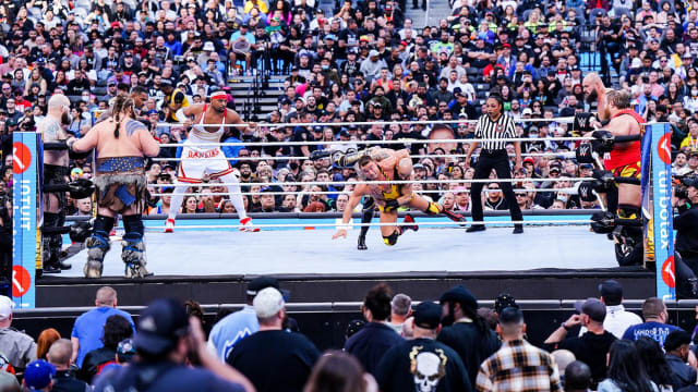 A crowd shot of a match during WWE WrestleMania 39.