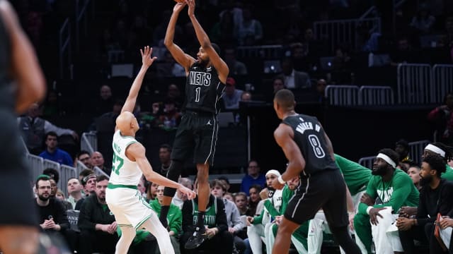 Brooklyn Nets forward Mikal Bridges (1) shoots against the Boston Celtics