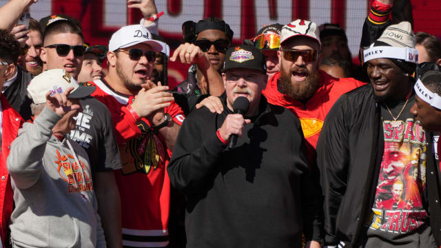 Feb 14, 2024; Kansas City, MO, USA; Kansas City Chiefs head coach Andy Reid addresses the crowd on stage during the celebration of the Kansas City Chiefs winning Super Bowl LVIII. Mandatory Credit: Kirby Lee-USA TODAY Sports  