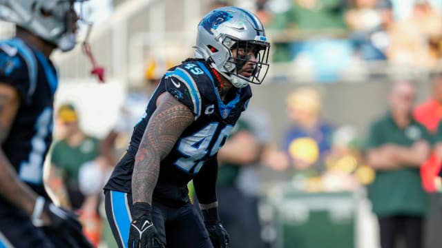 Carolina Panthers linebacker Frankie Luvu (49) during the second half against the Green Bay Packers at Bank of America Stadium.