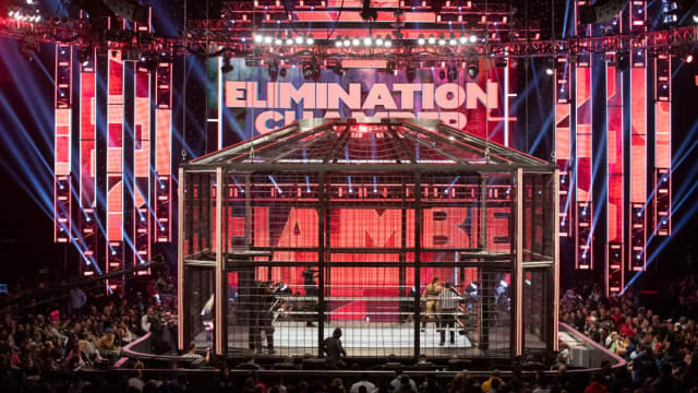 An image of the WWE Elimination Chamber setup during a live show.
