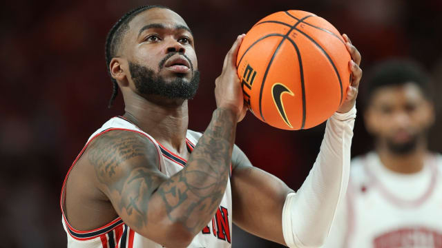 Houston Cougars guard Jamal Shead (1) attempts a free throw during the second half against the Iowa State Cyclones at Fertitta Center in Houston, Texas, on Feb. 19, 2024.