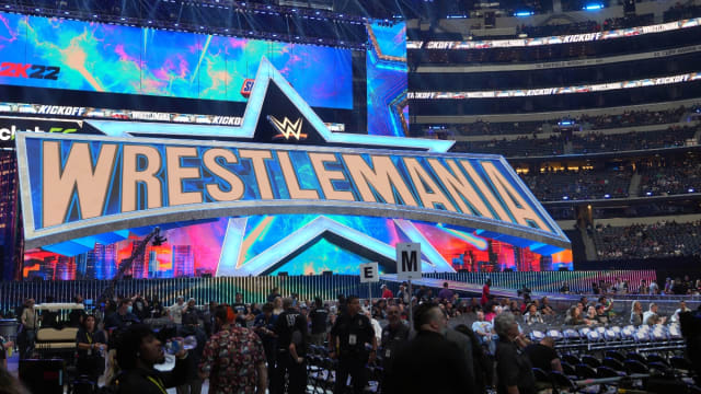 A crowd shot of the WWE WrestleMania 38 stage in Dallas.