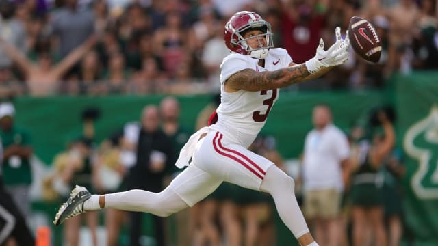 Sep 16, 2023; Tampa, Florida, USA; a pass in the end zone goes just out of reach for Alabama Crimson Tide wide receiver Jermaine Burton (3) against the South Florida Bulls in the second quarter at Raymond James Stadium. Mandatory Credit: Nathan Ray Seebeck-USA TODAY Sports