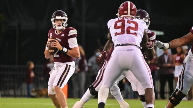 Mississippi State Bulldogs quarterback Will Rogers (2) drops back to pass against the Alabama Crimson Tide during the first quarter at Davis Wade Stadium at Scott Field.