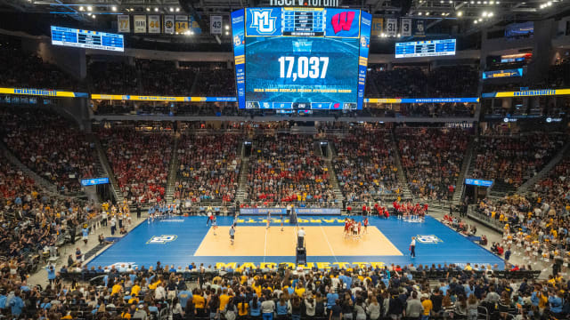 Sep 13, 2023; Milwaukee, WI, USA; A general view of volleyball match between the Wisconsin Badgers and the Marquette Golden Eagles on Wednesday, September 13, 2023 at Fiserv Forum in Milwaukee, Wis. Official attendance was 17.037 making it the largest indoor regular-season crowd for a volleyball match in NCAA history and the largest crowd to see a women s sporting event in Wisconsin history. Mandatory Credit: Mark Hoffman-USA TODAY Sports