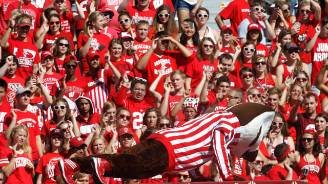 Bucky Badger does 65 pushups in front of the crowd during the University of Wisconsin 68-17 football game win over Bowling Green at Camp Randall Stadium in Madison, Wisconsin, Saturday, September 20, 2014. Milwaukee Journal Sentinel photo by Rick Wood/RWOOD@JOURNALSENTINEL.COM Ugrid21 38ofx Spt Wood