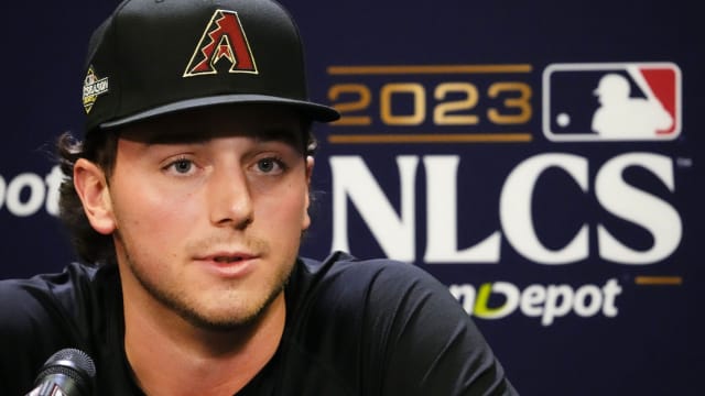 Diamondbacks right-hander Brandon Pfaadt speaks to the media before his Game 3 start in the NLCS.