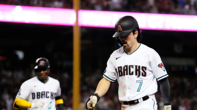 Corbin Carroll reacts after narrowly missing a home run in Game 5 of the NLCS.