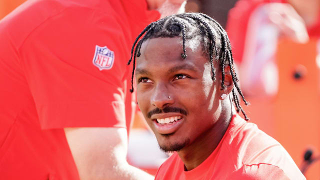 Oct 22, 2023; Kansas City, Missouri, USA; Kansas City Chiefs wide receiver Mecole Hardman Jr. (12) sits on the bench against the Los Angeles Chargers prior to a game at GEHA Field at Arrowhead Stadium. Mandatory Credit: Denny Medley-USA TODAY Sports  