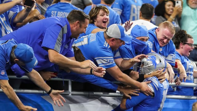 Detroit Lions Jared Goff celebrates at Ford Field.