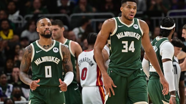 Milwaukee Bucks forward Giannis Antetokounmpo (34) and guard Damian Lillard (0) 