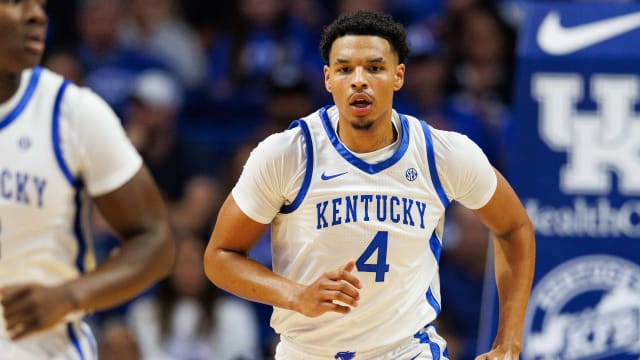 Oct 27, 2023; Lexington, KY, USA; Kentucky Wildcats forward Tre Mitchell (4) runs down the court during the first half against the Georgetown Tigers at Rupp Arena. Mandatory Credit: Jordan Prather-USA TODAY Sports