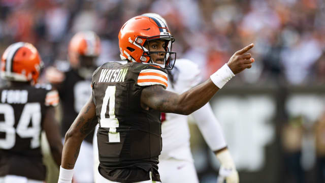 Nov 5, 2023; Cleveland, Ohio, USA; Cleveland Browns quarterback Deshaun Watson (4) points in celebration from his run for a first down against the Arizona Cardinals during the third quarter at Cleveland Browns Stadium. Mandatory Credit: Scott Galvin-USA TODAY Sports