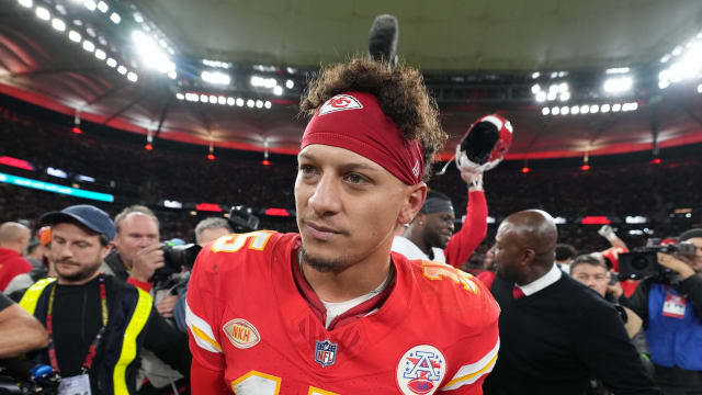 Nov 5, 2023; Frankfurt, Germany; Kansas City Chiefs quarterback Patrick Mahomes (15) leaves the field after an NFL International Series game against the Miami Dolphins at Deutsche Bank Park. Mandatory Credit: Kirby Lee-USA TODAY Sports  