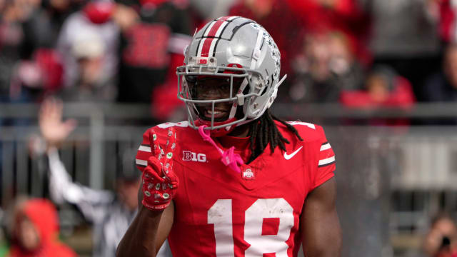 Ohio State Buckeyes wide receiver Marvin Harrison Jr. (18) celebrates after scoring a touchdown during the second half of Saturday's NCAA Division I football game against the Maryland Terrapins at Ohio