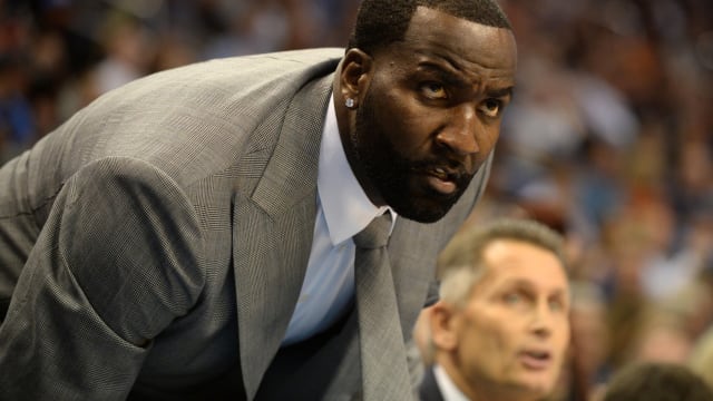 New Orleans Pelicans center Kendrick Perkins (5) reacts