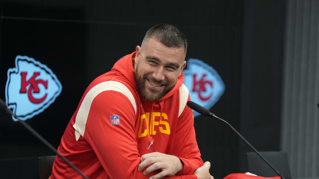 Nov 3, 2023; Frankfurt, Germany; Kansas City Chiefs tight end Travis Kelce (87) at press conference at DFB Campus. Mandatory Credit: Kirby Lee-USA TODAY Sports  