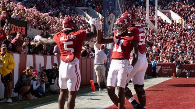 Nov 18, 2023; Tuscaloosa, Alabama, USA; Alabama Crimson Tide running back Roydell Williams (5) celebrates with Alabama Crimson Tide wide receiver Malik Benson (11) after scoring a touchdown against the Chattanooga Mocs at Bryant-Denny Stadium.