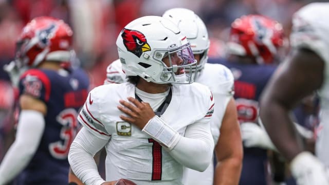 Arizona Cardinals quarterback Kyler Murray (1) jogs off the field after a play during the second quarter against the Houston Texans at NRG Stadium.