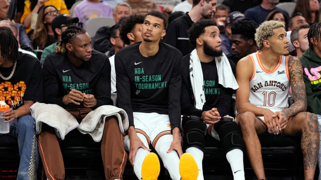 Nov 17, 2023; San Antonio, Texas, USA; San Antonio Spurs forward Victor Wembanyama (1) takes a break during the second half of the game against the Sacramento Kings at Frost Bank Center.