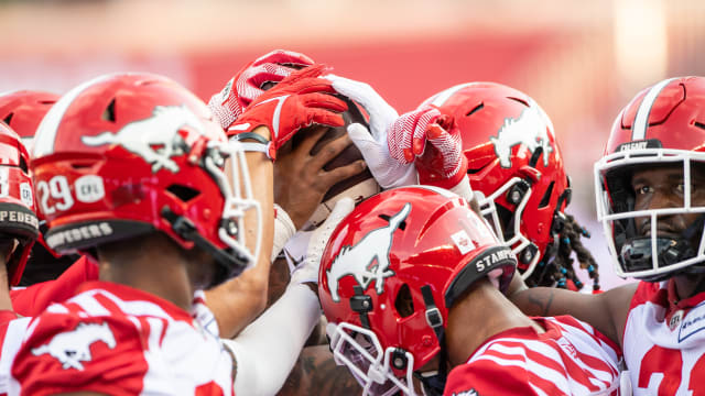 Jun 15, 2023; Ottawa, Ontario, CAN; The Calgary Stampeders huddle prior to game against the Ottawa REDBLACKS at TD Place. Mandatory Credit: Marc DesRosiers-USA TODAY Sports