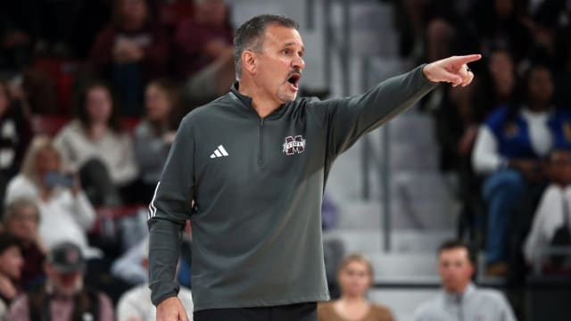 Nov 14, 2023; Starkville, Mississippi, USA; Mississippi State Bulldogs head coach Chris Jans gives direction during the second half against the North Alabama Lions at Humphrey Coliseum. Mandatory Credit: Petre Thomas-USA TODAY Sports