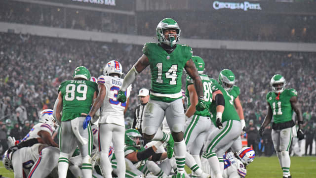 Kenny Gainwell celebrates a big gain during the Philadelphia Eagles' 37-34 overtime win over the Buffalo Bills in Week 12.