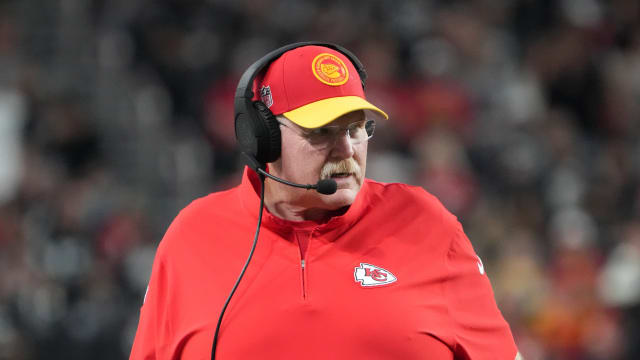 Nov 26, 2023; Paradise, Nevada, USA; Kansas City Chiefs coach Andy Reid watches from the sidelines against the Las Vegas Raiders in the second half at Allegiant Stadium. Mandatory Credit: Kirby Lee-USA TODAY Sports  