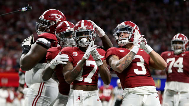 Dec 2, 2023; Atlanta, GA, USA; Alabama Crimson Tide wide receiver Isaiah Bond (17) reacts in the second half against the Georgia Bulldogs at Mercedes-Benz Stadium.