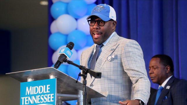 Derek Mason, the former Vanderbilt head football coach speaks during a public press conference announcing him as the new MTSU head football replacing former MTSU head football coach Rick Stockstill, on Wednesday, Dec. 6, 2023, during a press conference in the Student Union Building on campus.