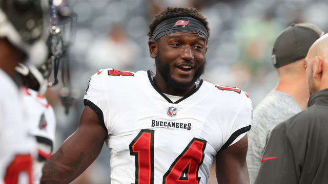 Aug 19, 2023; East Rutherford, New Jersey, USA; Tampa Bay Buccaneers wide receiver Chris Godwin (14) before the game against the New York Jets at MetLife Stadium. Mandatory Credit: Vincent Carchietta-USA TODAY Sports  