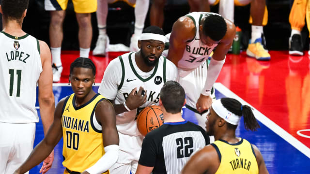 Milwaukee Bucks forward Bobby Portis (9) reacts to a call by the referee during the third quarter against the Indiana Pacers