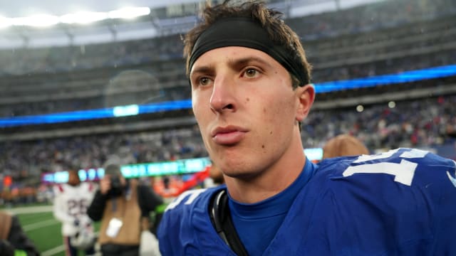 New York Giants quarterback Tommy DeVito (15) is shown after he won the first game he started in the NFL, 10-7, against the New England Patriots, Sunday, November 26, 2023.