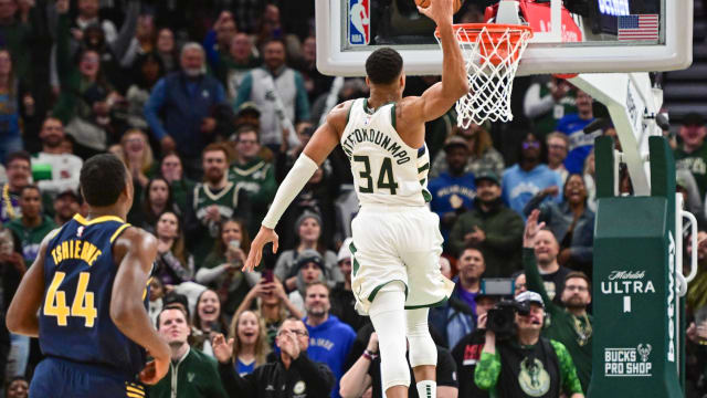 Milwaukee Bucks forward Giannis Antetokounmpo (34) scores 64 points in the fourth quarter against the Indiana Pacers to set a team record 