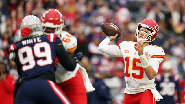 Dec 17, 2023; Foxborough, Massachusetts, USA; Kansas City Chiefs quarterback Patrick Mahomes (15) throws a pass against the New England Patriots in the first quarter at Gillette Stadium. Mandatory Credit: David Butler II-USA TODAY Sports  
