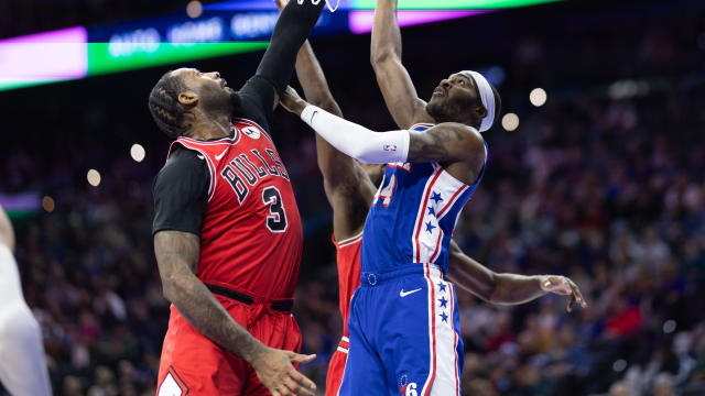 Philadelphia 76ers forward Paul Reed (44) shoots against Chicago Bulls center Andre Drummond (3) during the second quarter at Wells Fargo Center. 