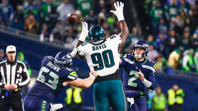 Seattle Seahawks quarterback Drew Lock (2) passes against the Philadelphia Eagles during the fourth quarter at Lumen Field.